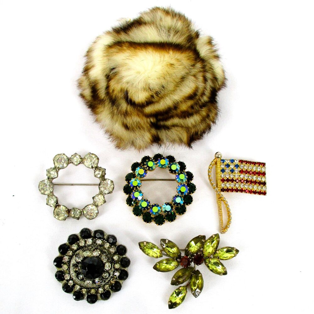 Vintage Rhinestone Brooch Lot - Estate Collection - Patriotic Flag Fur Wreath